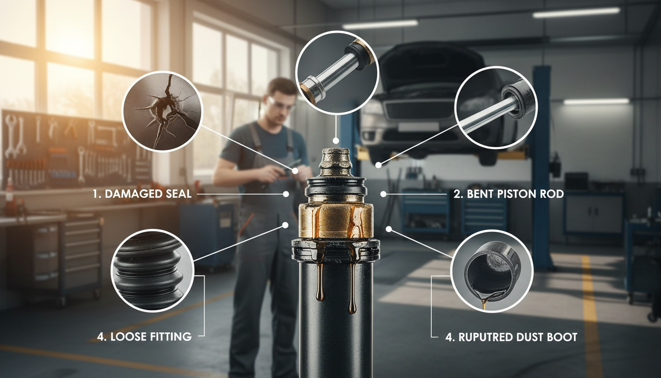 An automotive workshop scene centered on a leaking shock absorber, illustrating five common causes of oil leakage. In the foreground, a close-up of the damaged shock absorber with visible oil dripping, showcasing wear and tear. In the middle, a mechanic in professional attire examining the shock absorber with tools, focusing on technical aspects like seals and fittings. The background features a well-lit garage with tools, parts, and a car on a lift, enhancing the mechanic's environment. Natural light coming from a window adds a warm atmosphere, while clear details and shadows create depth, emphasizing the technical nature of the content. The overall mood conveys a sense of professionalism and diligence in automotive maintenance.