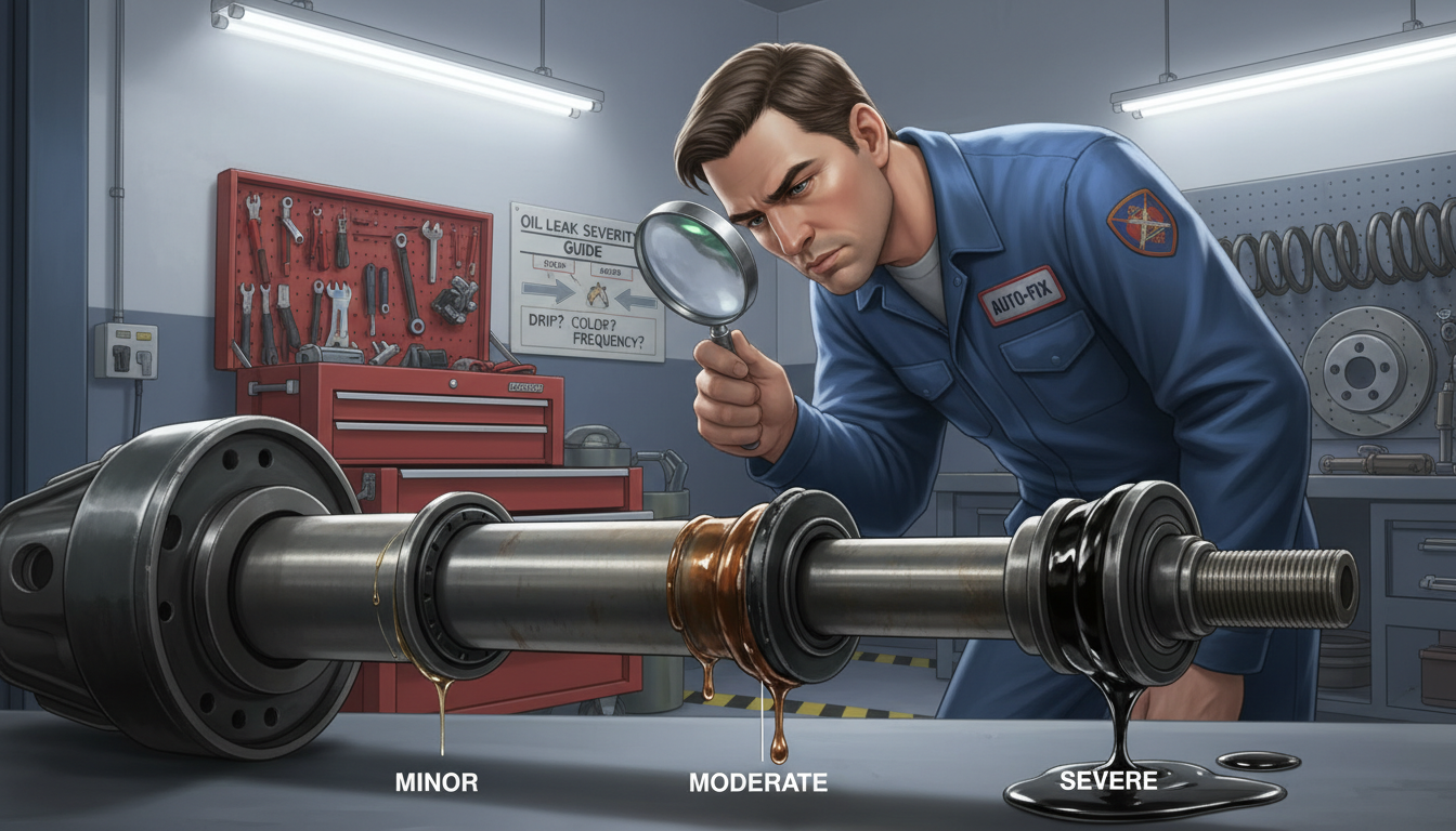 A detailed illustration depicting a decision-making guide for assessing the severity of oil leaks in shock absorbers. In the foreground, a close-up view of a damaged shock absorber showcasing oil leaks with varying degrees of severity, emphasizing details like dripping oil and worn-out seals. The middle ground features a mechanic in professional attire, examining the shock absorber with a focused expression, using a magnifying glass. The background should include a well-lit garage environment with tools and vehicle parts to enhance the automotive context. The lighting should be bright and clear, highlighting the textures and colors of both the shock absorber and the workspace. The mood is serious and informative, aimed at providing clarity and guidance on vehicle safety.