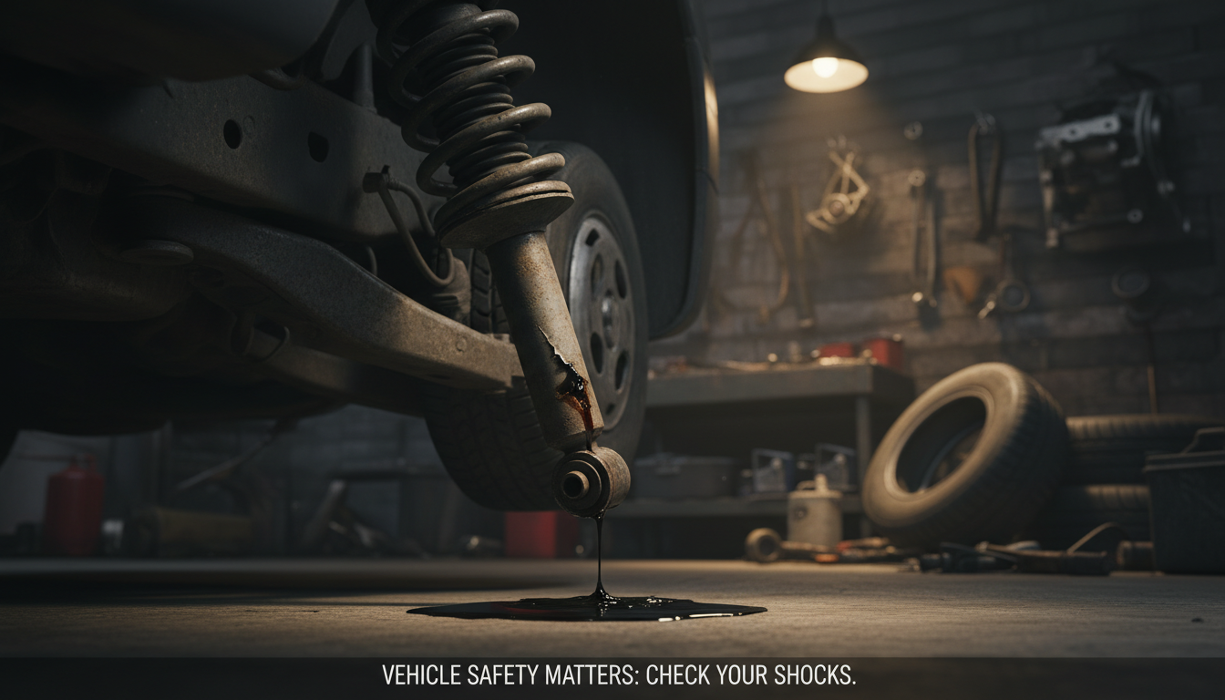 A close-up view of a damaged shock absorber leaking oil, emphasizing the importance of vehicle safety. The foreground features a detailed shot of the leaking shock absorber, showcasing oil pooling at its base. In the middle ground, a car suspension system is partially visible, highlighting the shock absorber's role. The background illustrates a dimly lit garage, with tools and automotive parts creating a sense of urgency and concern. Soft, dramatic lighting enhances the textures of the metal and oil, casting subtle shadows to convey depth and severity. The overall mood is serious, aiming to alert viewers to the potential dangers of ignoring shock absorber issues and emphasizing their significance in vehicle maintenance.