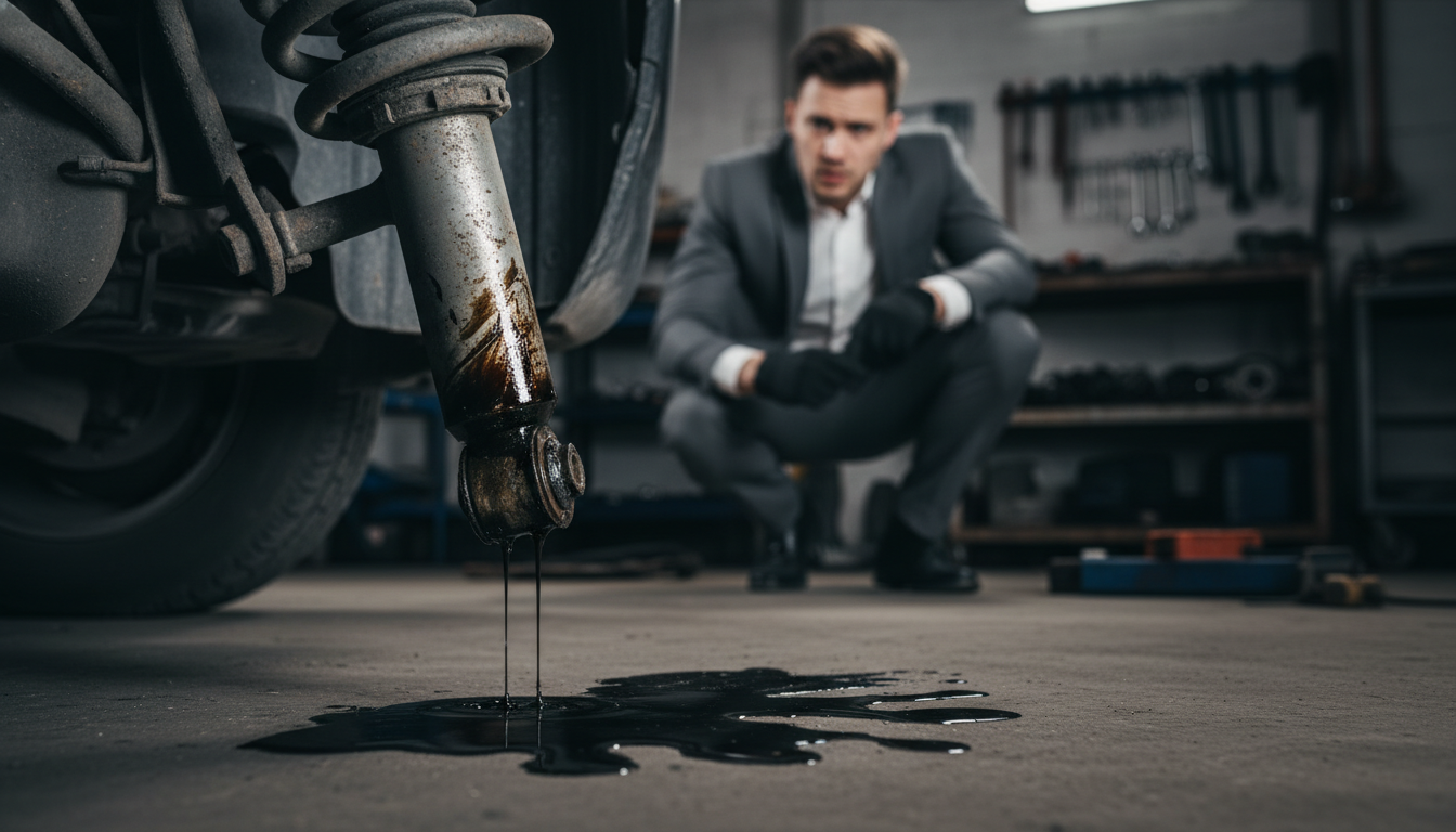 A detailed close-up of a damaged automotive shock absorber leaking oil, with oil slicks forming on the ground beneath it, showcasing the potential dangers of a malfunction. In the foreground, highlight the shock absorber with clear signs of wear and a slight shimmer of oil escaping from its casing. In the middle ground, depict a concerned driver inspecting the vehicle, wearing safety gloves and a professional business attire, emphasizing a serious atmosphere. In the background, a dimly lit garage setting provides context, with tools and parts subtly blurred to maintain focus on the shock absorber. Use dramatic lighting to cast shadows, enhancing the mood of urgency and concern, with soft focus on the background elements to draw attention to the leaking shock absorber.