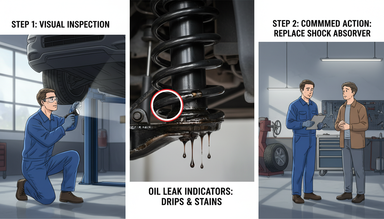 A detailed instructional illustration depicting the three-step process for checking shock absorber oil leaks. In the foreground, a mechanic in professional attire examines a vehicle's shock absorber under bright, focused lighting, highlighting the area of interest. The middle layer features a close-up of the shock absorber with clear indications of potential oil leaks, including drips and stains. In the background, a garage setting with tools and equipment creates a realistic automotive environment. Use soft, natural lighting to enhance the clarity of the details and ensure the image conveys a sense of professionalism and urgency. The scene should be well-composed, offering a clear view of both the process and the equipment involved, with a focus on safety and maintenance.